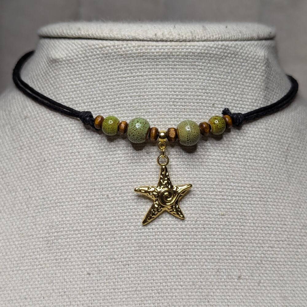 Green Ceramic Beaded Gold Swirl Starfish Charm Boho Hippie Choker Necklace